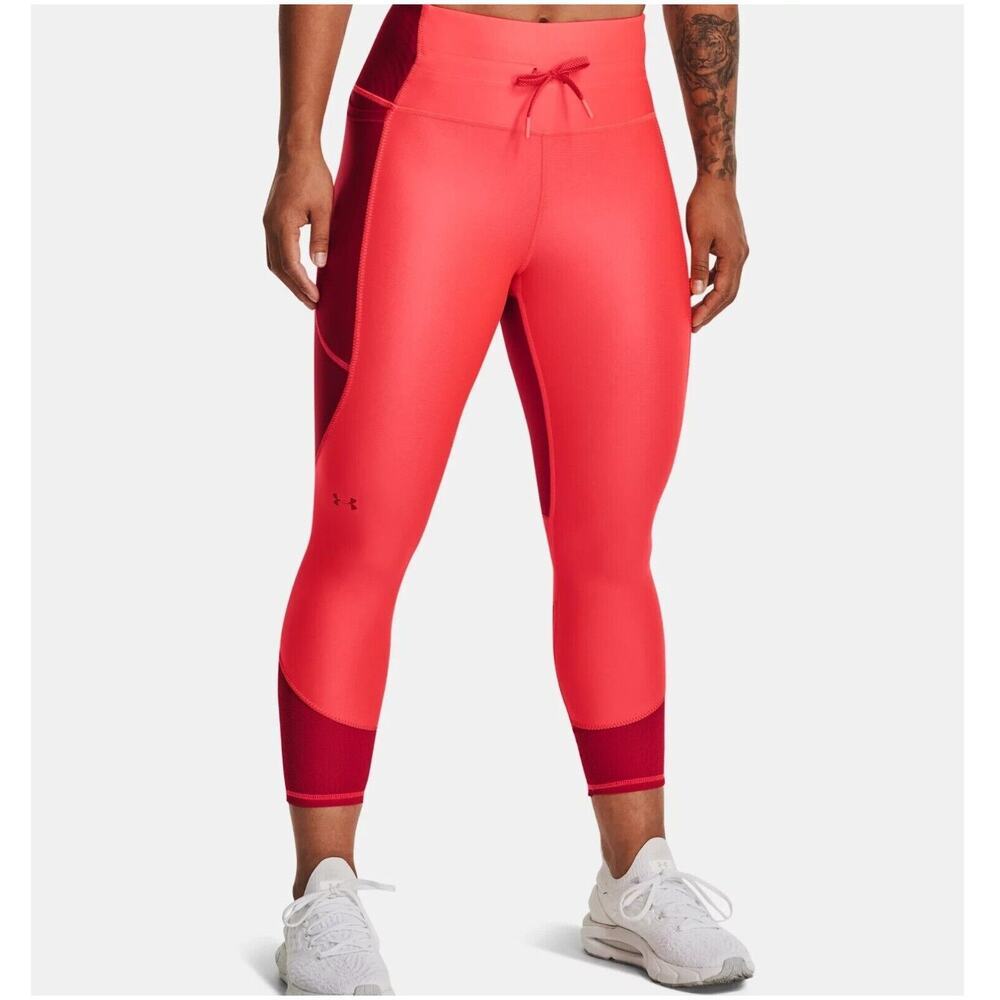 Under Armour Heat Gear Red Coral Orange 6M Ankle Leg Color Block Leggings NEW XS